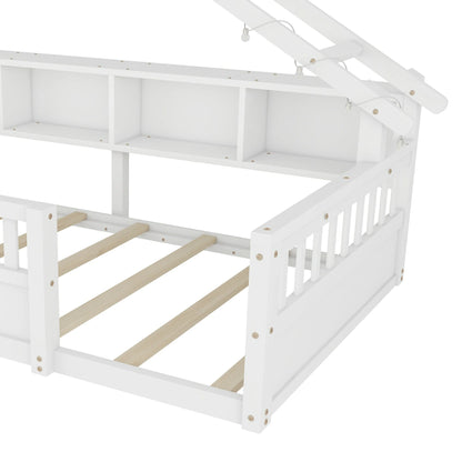 Floor Bed with LED Light and Roof Shape, House Montessori Bed with Storage Bookshelves and Full Length Guardrail,Wooden Floor Beds for Kids
