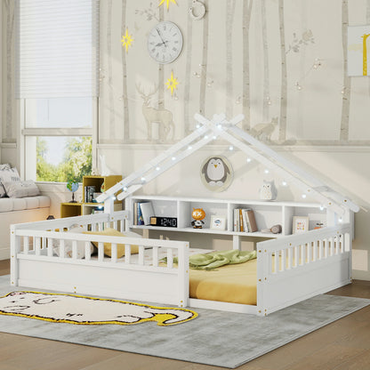 Floor Bed with LED Light and Roof Shape, House Montessori Bed with Storage Bookshelves and Full Length Guardrail,Wooden Floor Beds for Kids