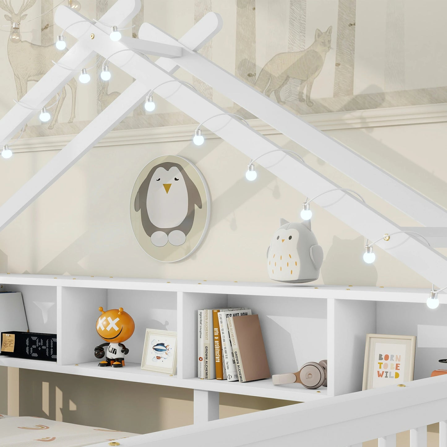 Floor Bed with LED Light and Roof Shape, House Montessori Bed with Storage Bookshelves and Full Length Guardrail,Wooden Floor Beds for Kids