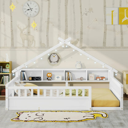 Floor Bed with LED Light and Roof Shape, House Montessori Bed with Storage Bookshelves and Full Length Guardrail,Wooden Floor Beds for Kids