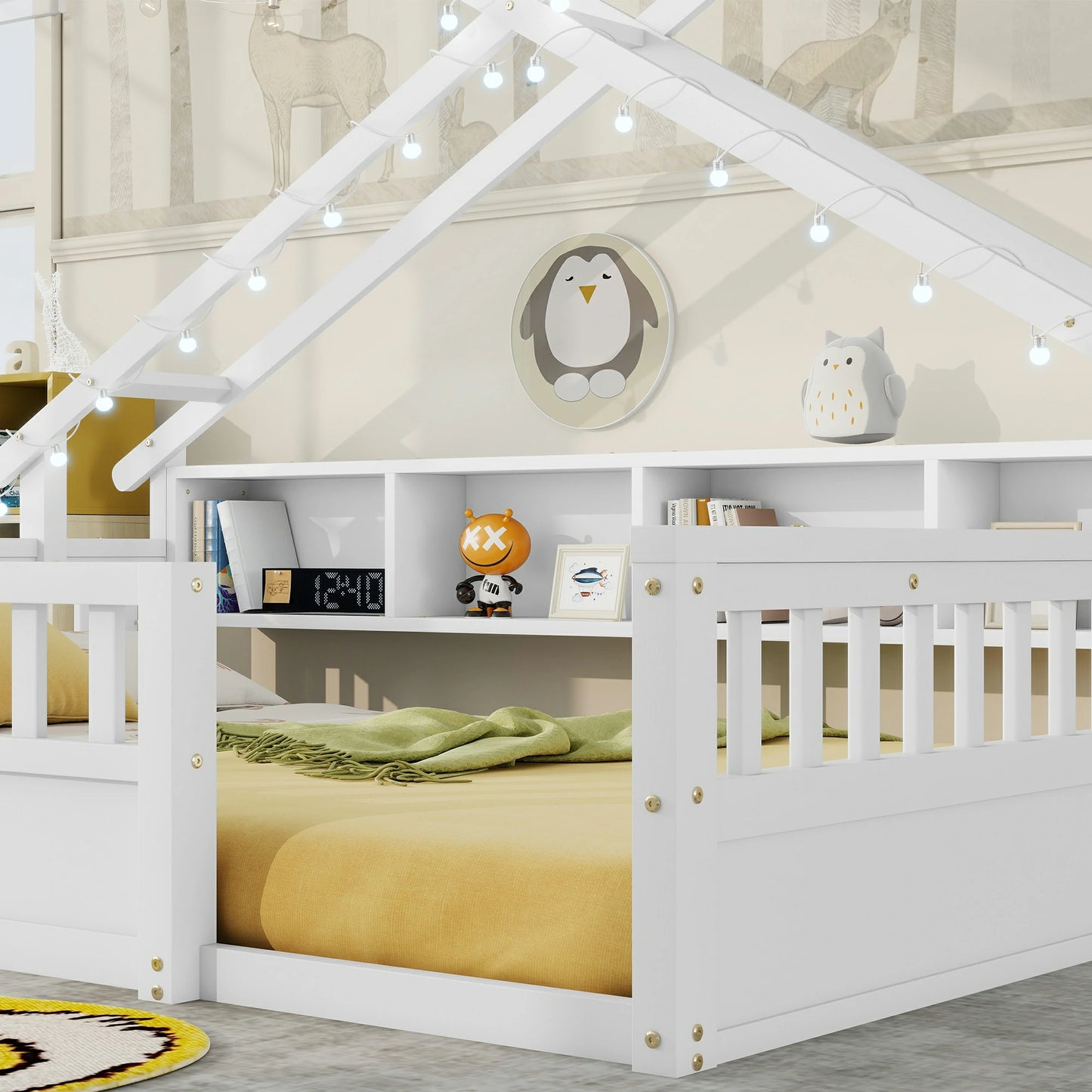 Floor Bed with LED Light and Roof Shape, House Montessori Bed with Storage Bookshelves and Full Length Guardrail,Wooden Floor Beds for Kids