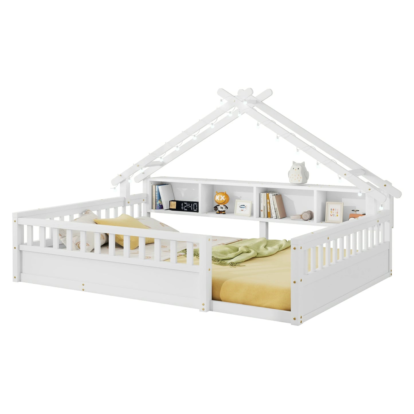 Floor Bed with LED Light and Roof Shape, House Montessori Bed with Storage Bookshelves and Full Length Guardrail,Wooden Floor Beds for Kids