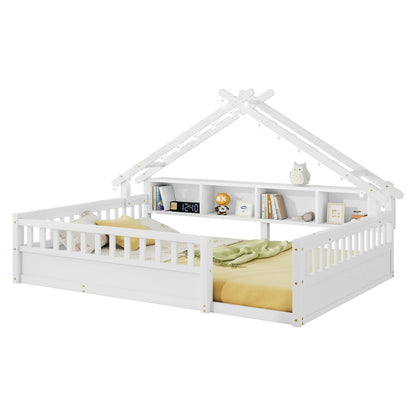 Floor Bed with LED Light and Roof Shape, House Montessori Bed with Storage Bookshelves and Full Length Guardrail,Wooden Floor Beds for Kids