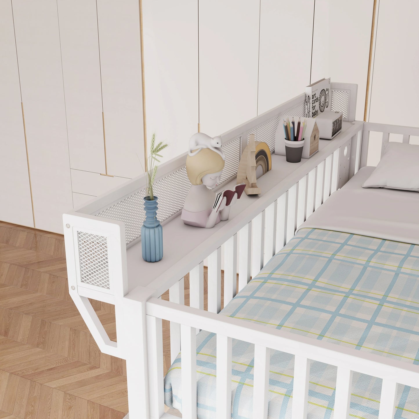 white-metal-loft-bed-decorative-items-top-shelf