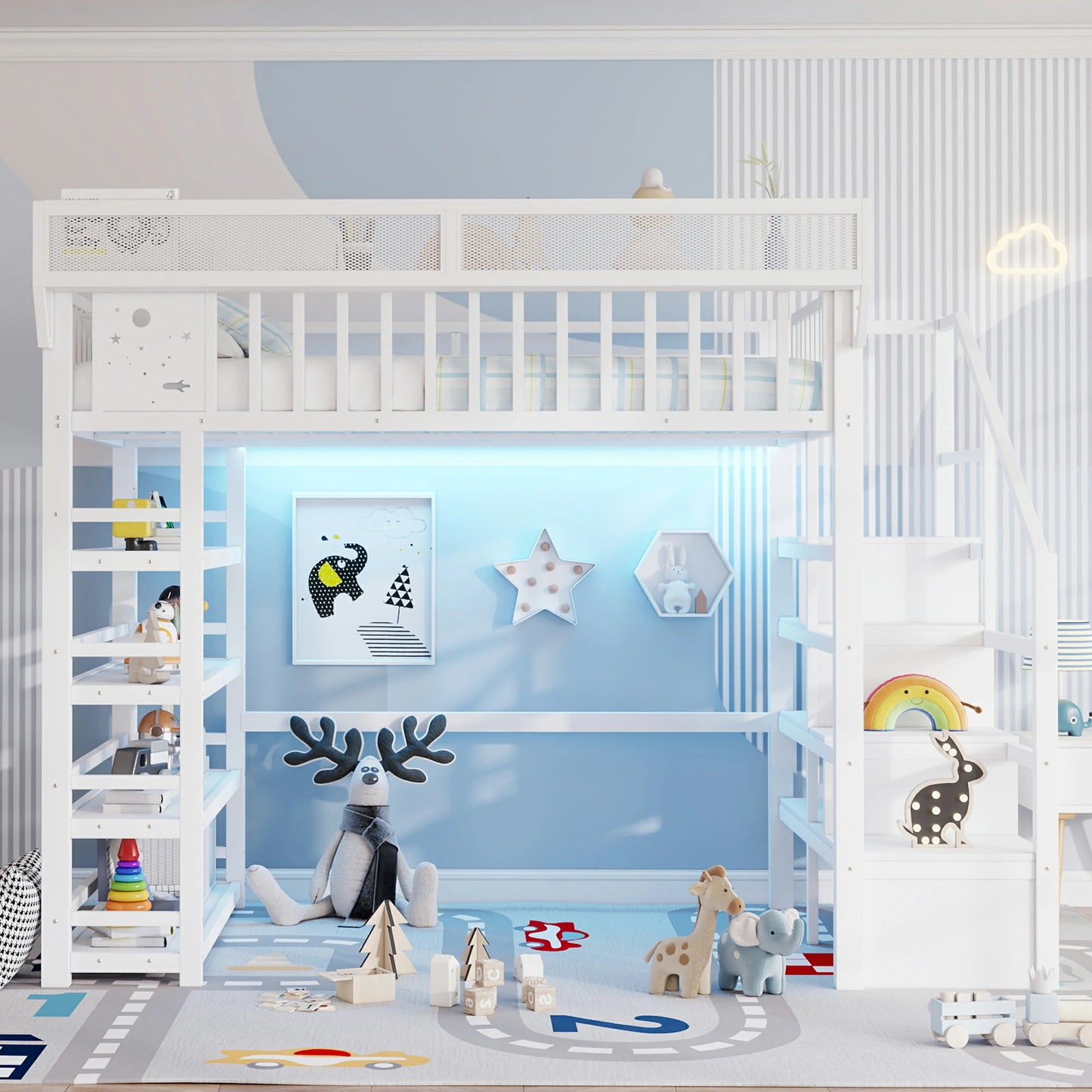 white-metal-loft-bed-kids-room-playful-lighting-toys