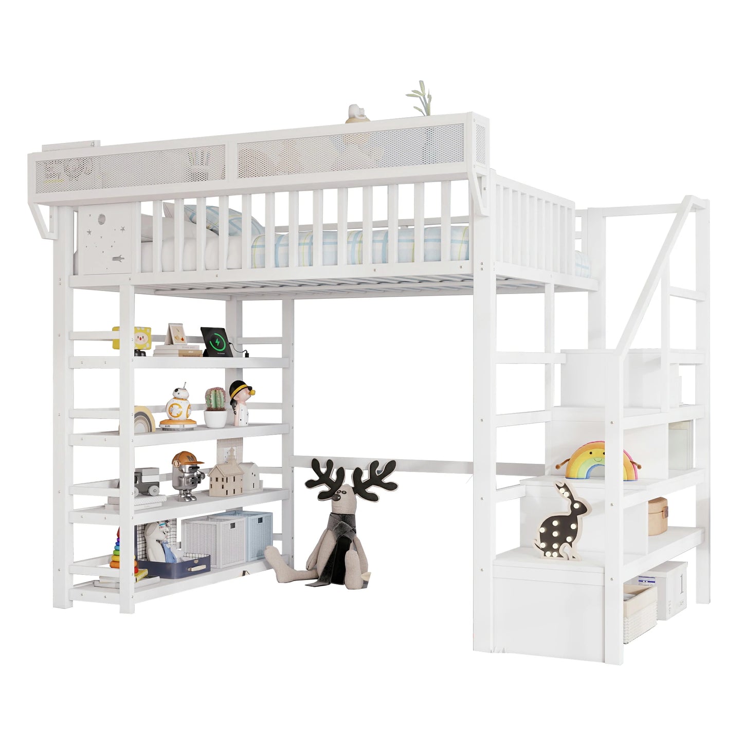 white-metal-loft-bed-kids-room-storage-toys-full-view