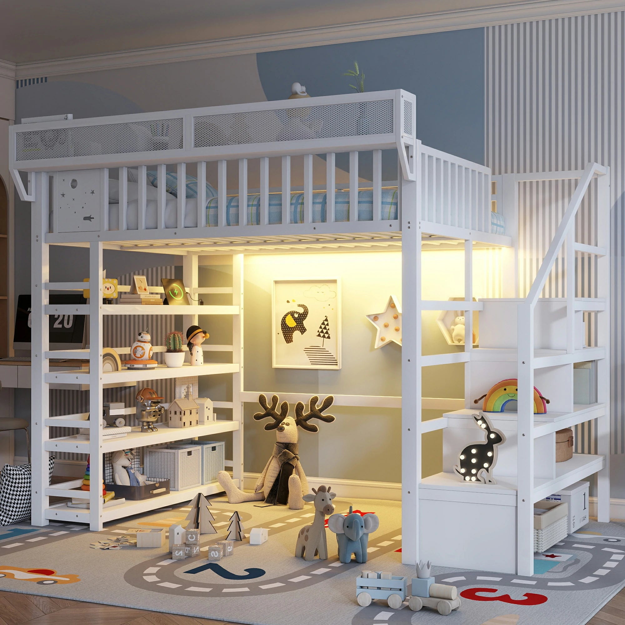 white-metal-loft-bed-kids-room-storage-toys-lighting