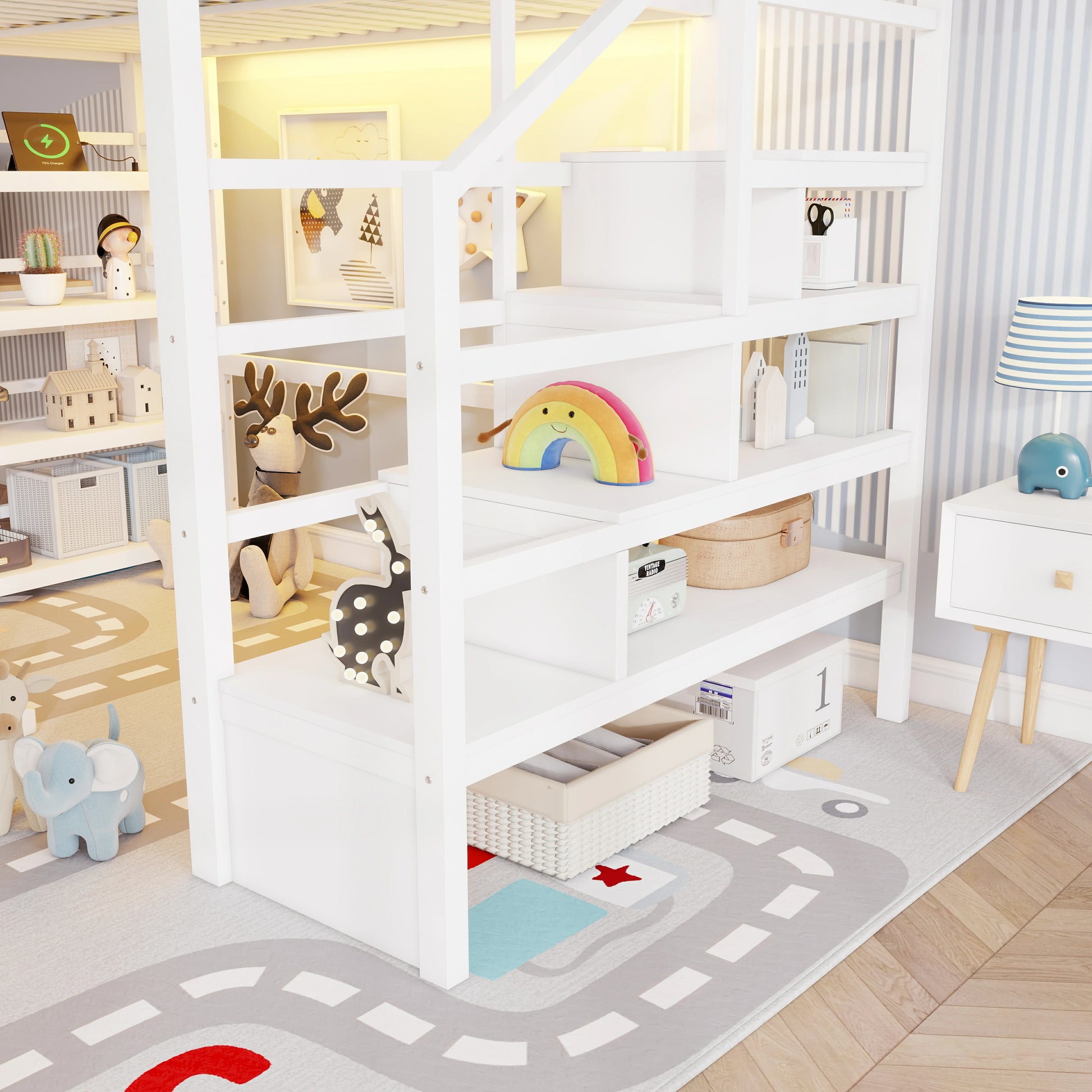 white-metal-loft-bed-storage-shelves-toys-kids-room