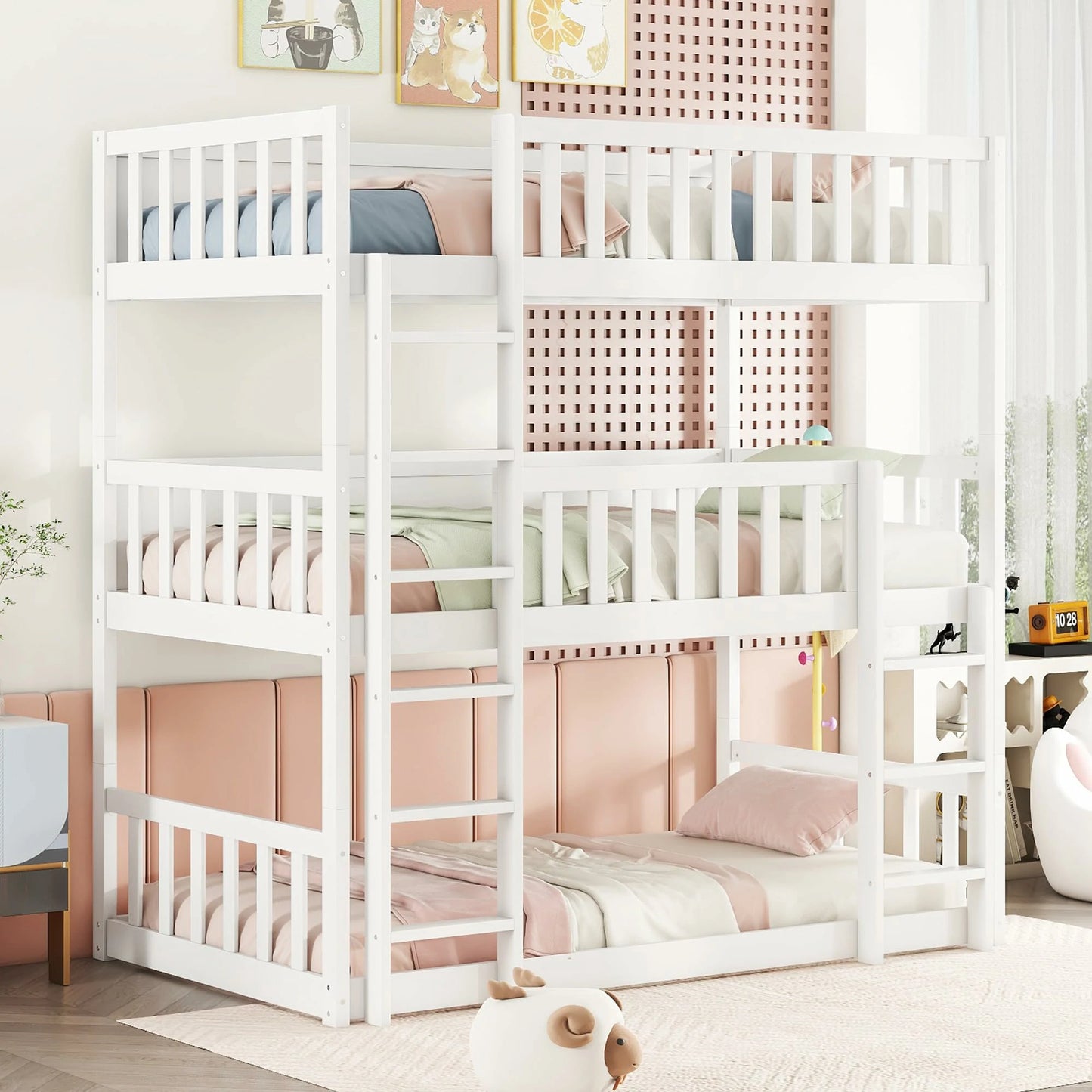 white-triple-bunk-bed-with-ladder-and-guardrails