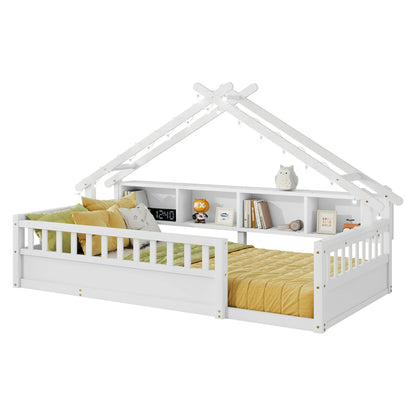 Floor Bed with LED Light and Roof Shape, House Montessori Bed with Storage Bookshelves and Full Length Guardrail,Wooden Floor Beds for Kids