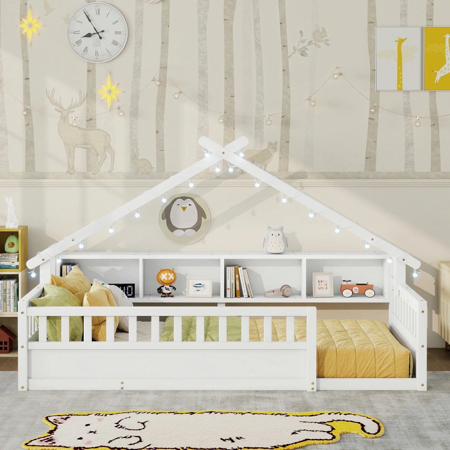 Floor Bed with LED Light and Roof Shape, House Montessori Bed with Storage Bookshelves and Full Length Guardrail,Wooden Floor Beds for Kids
