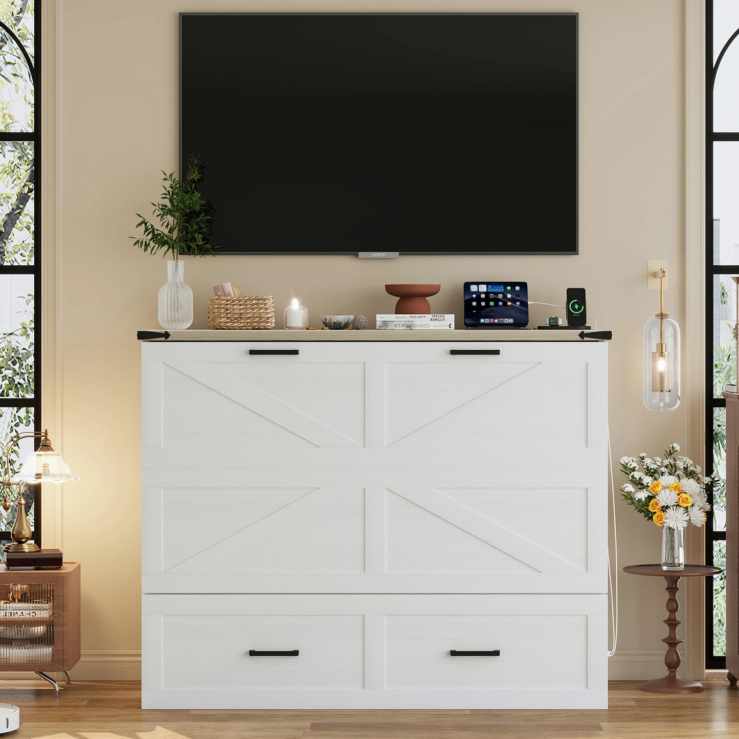 whitefarmhousestoragebedcabinetclosedfullsizemurphybedwithdrawersandshelf