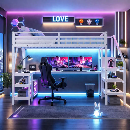 whitefullsizeloftbedwithdeskmodernbedroomgamingsetupspacesavingloftbed