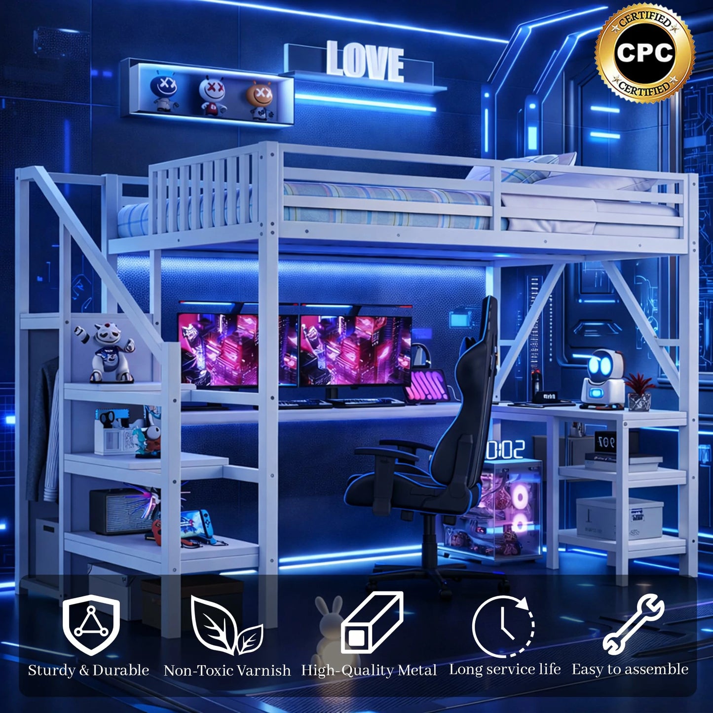 whiteloftbedwithdeskgamingsetupmodernfullsizeloftbedwithstorageshelvesandstairs
